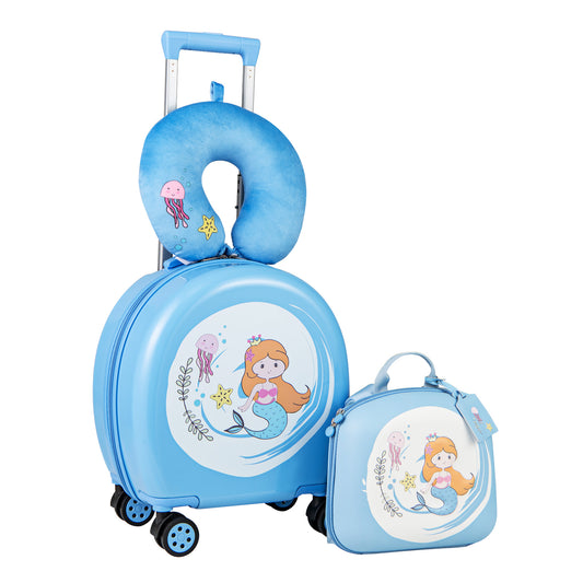 4-Piece Kid's Luggage Set Kids Journey Suitcase Set in blue with mermaid illustrations