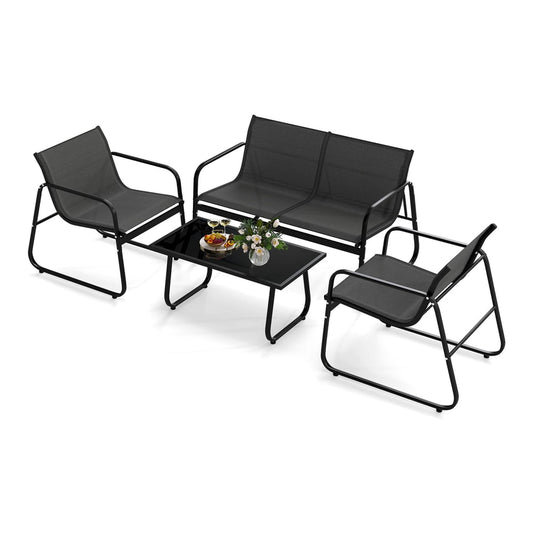 4 Piece Outdoor Furniture Set with two chairs, a bench and a coffee table on a white background