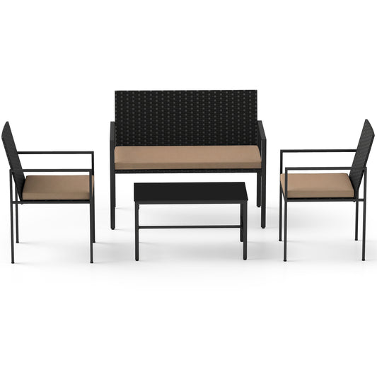 4-Piece Outdoor Rattan Chairs and Loveseat with tempered glass coffee table in yellow