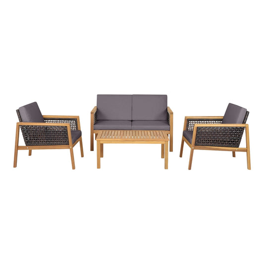 4-Piece Patio Acacia Wood Furniture Set with Removable Cushions grey set with two armchairs, a sofa and a coffee table
