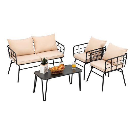 4 Piece Patio Conversation Set with Seat Back Cushions, a black metal sofa, two armchairs, and a coffee table with beige