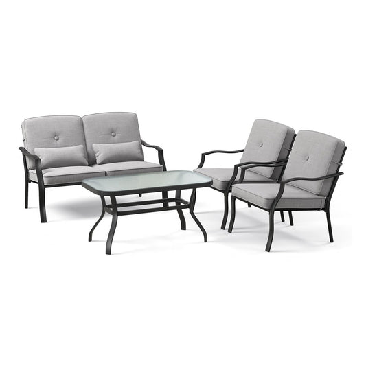 4 Piece Patio Conversation Set with grey cushions and a glass coffee table