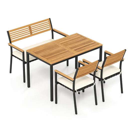 4-Piece Patio Dining Set Outdoor Wood Metal Furniture with a slatted wooden tabletop and white seat cushions