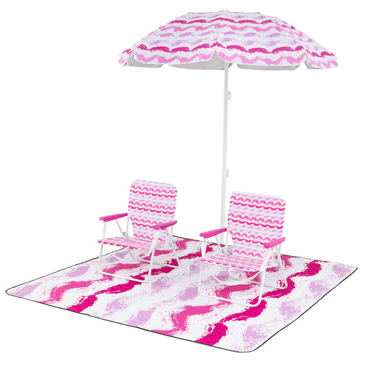 4 Pieces Beach Umbrella Set with two foldable chairs and picnic blanket in pink