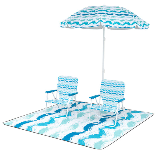 4 Pieces Beach Umbrella Set with two foldable chairs and a picnic blanket on a white background