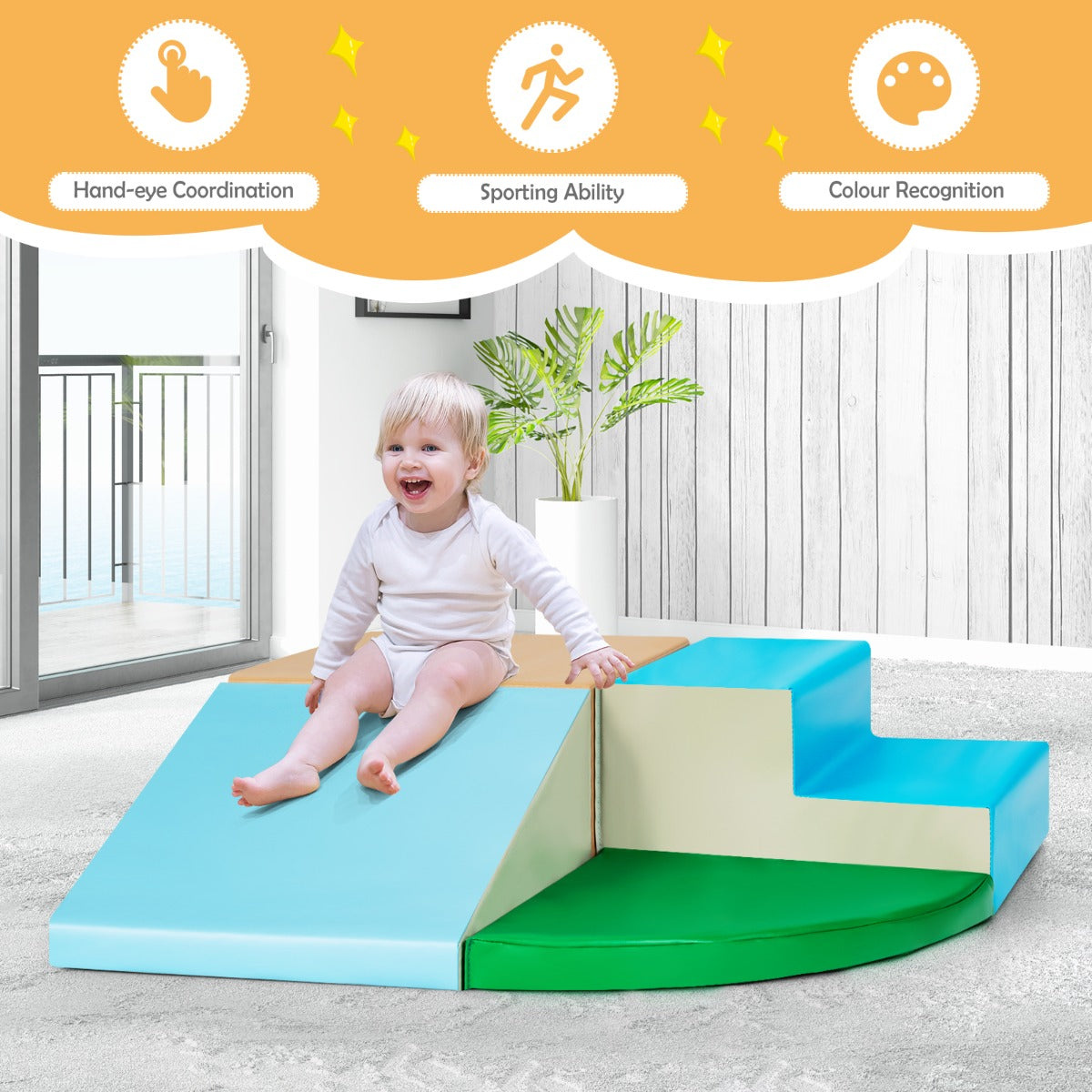 Child sitting on the soft play set with icons above