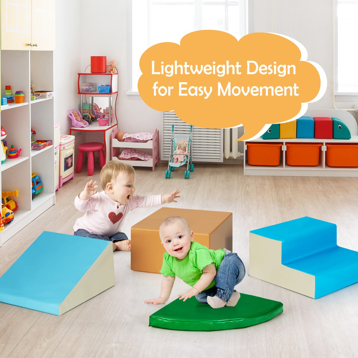 Toddlers playing on the soft play set in a bright room with text overlay