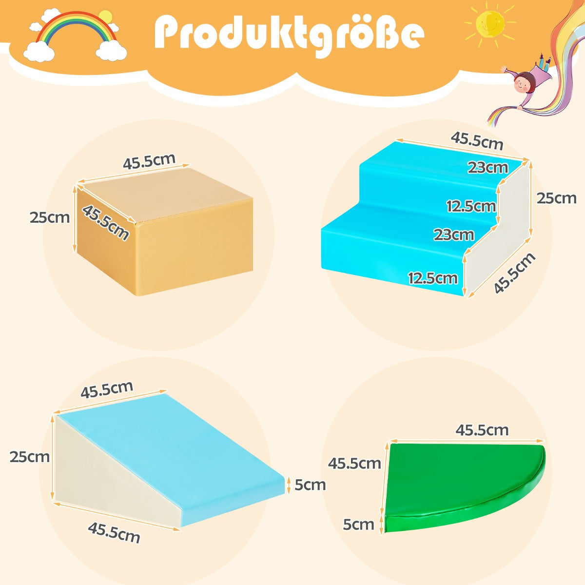 Diagram showing the dimensions of each piece of the soft play set