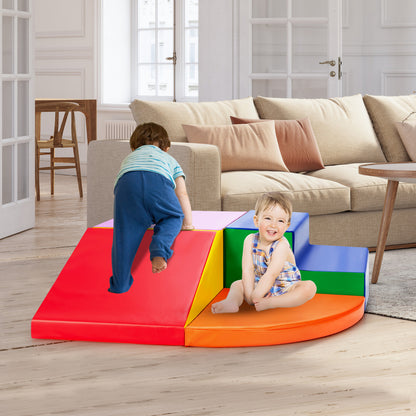 the soft play set assembled with two children climbing and sitting on it