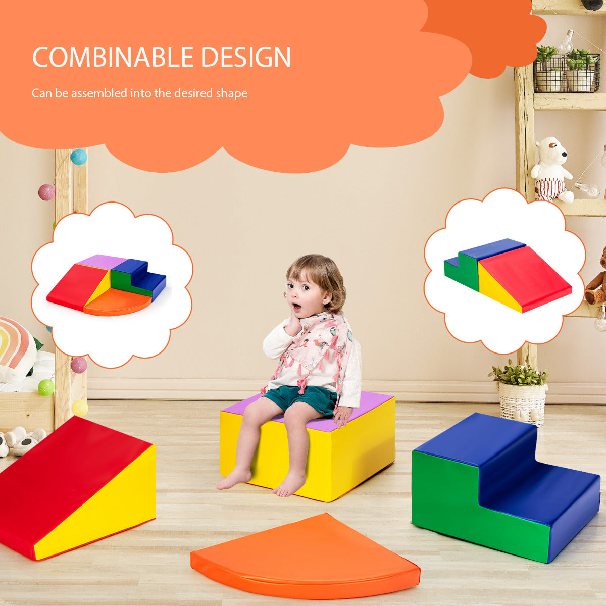 the soft play set pieces separated with a child sitting on the square block