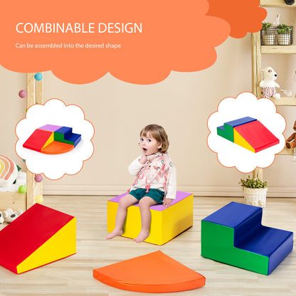 the soft play set pieces separated with a child sitting on the square block