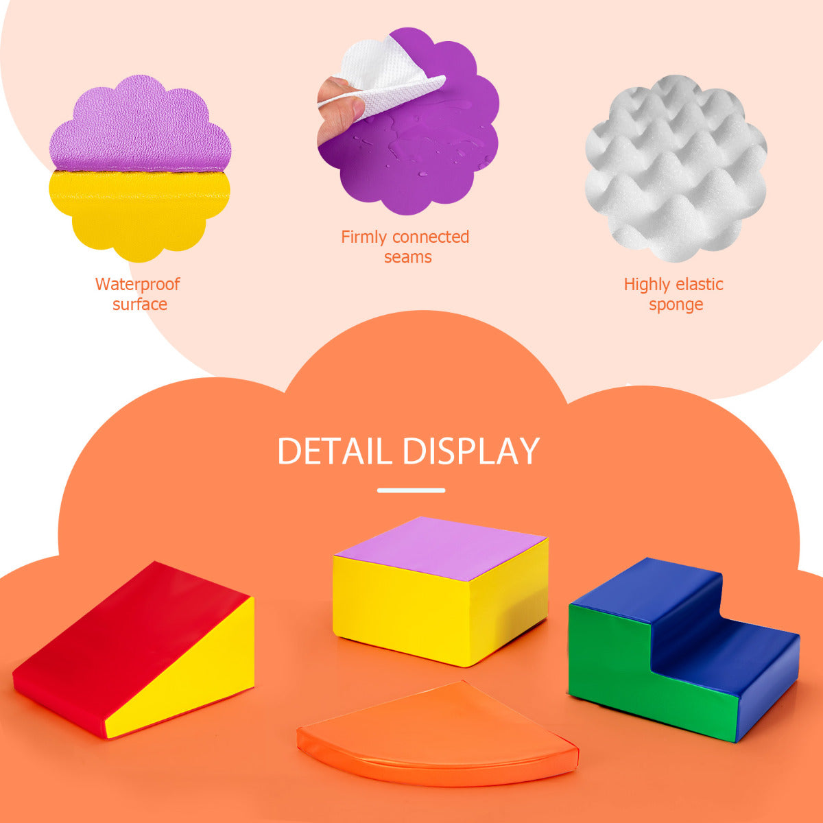 the soft play set with close-up inserts showing the foam and surface texture