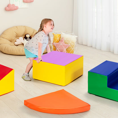 the soft play set pieces scattered on a nursery floor with a child playing