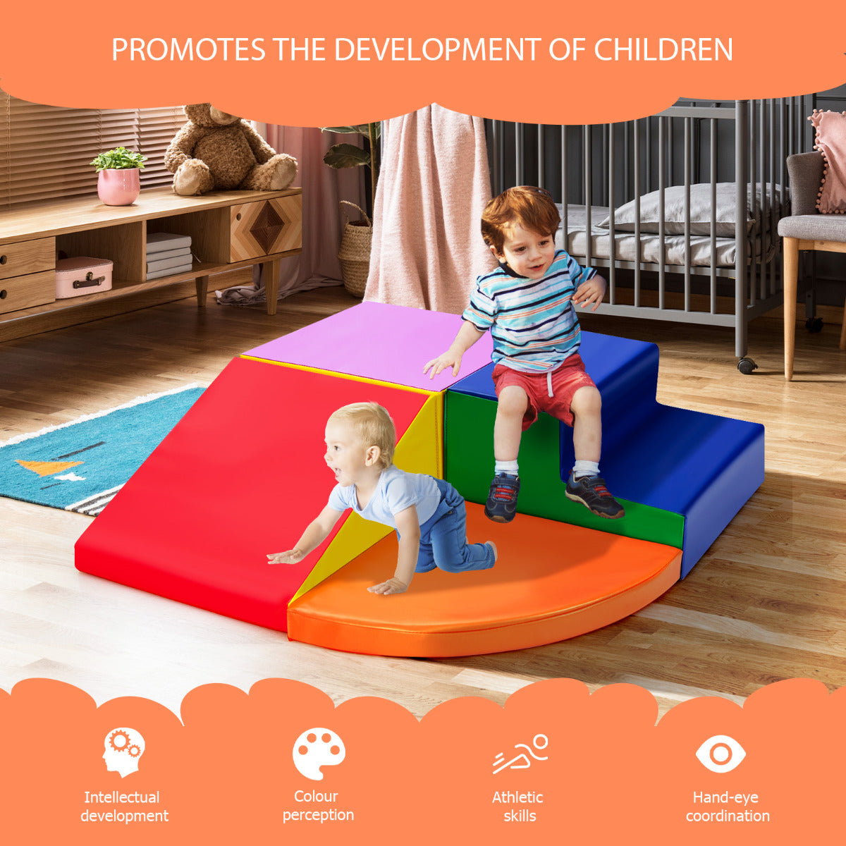 the soft play set in a nursery with children using it for developmental play