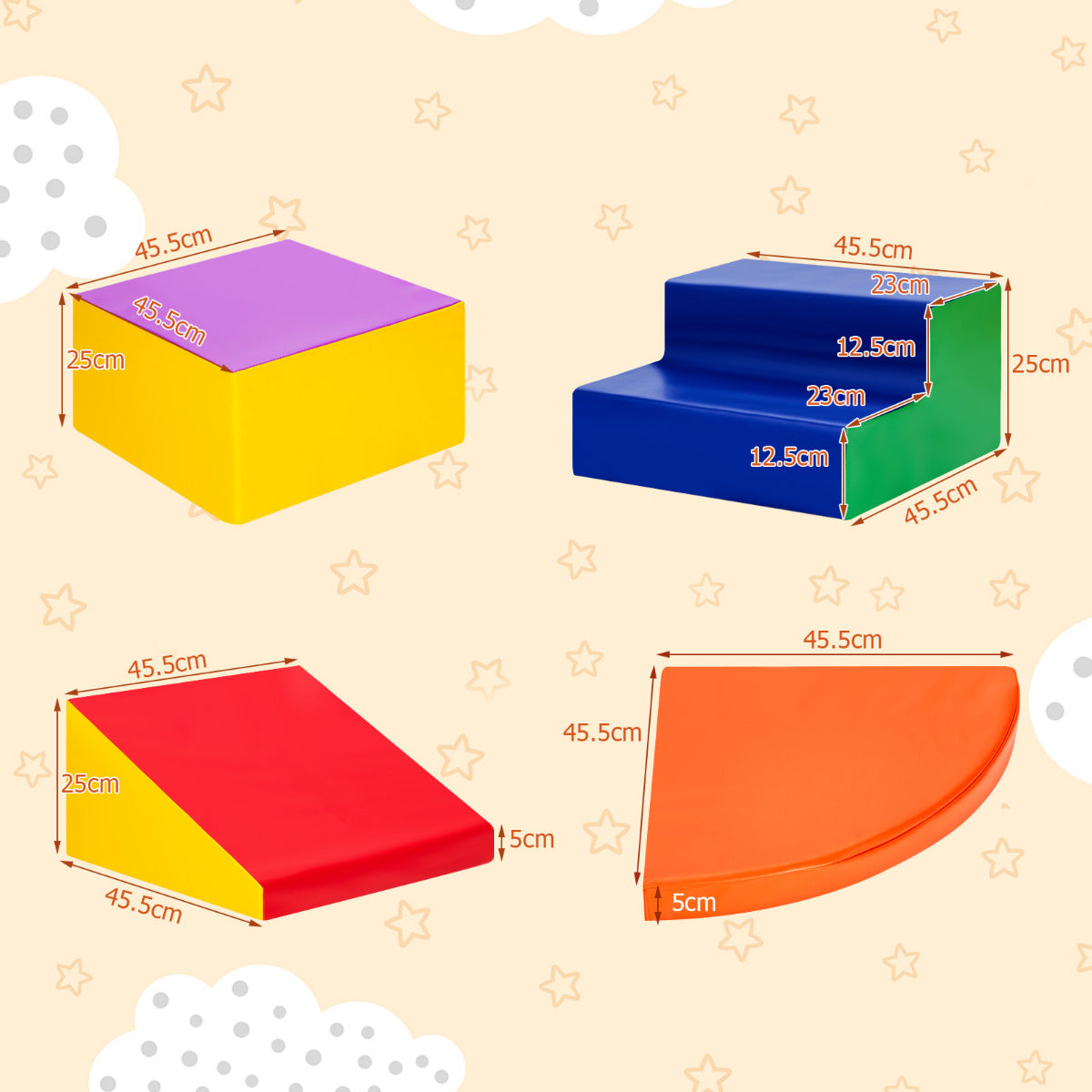 the soft play set showing dimensions for each individual foam block piece