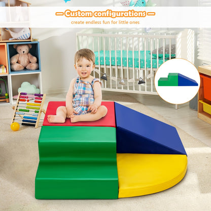 Child sitting on the assembled foam climbing set in a playroom