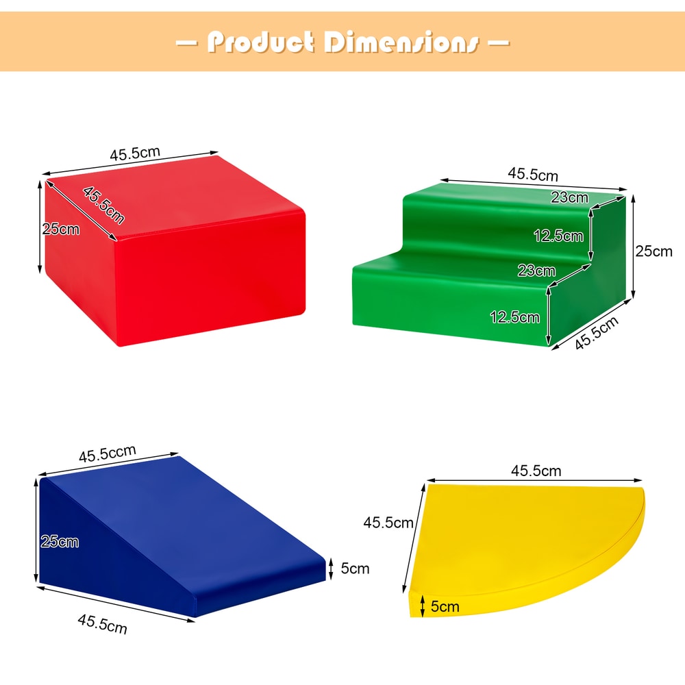 Dimensions of each piece of the soft play set including height and width