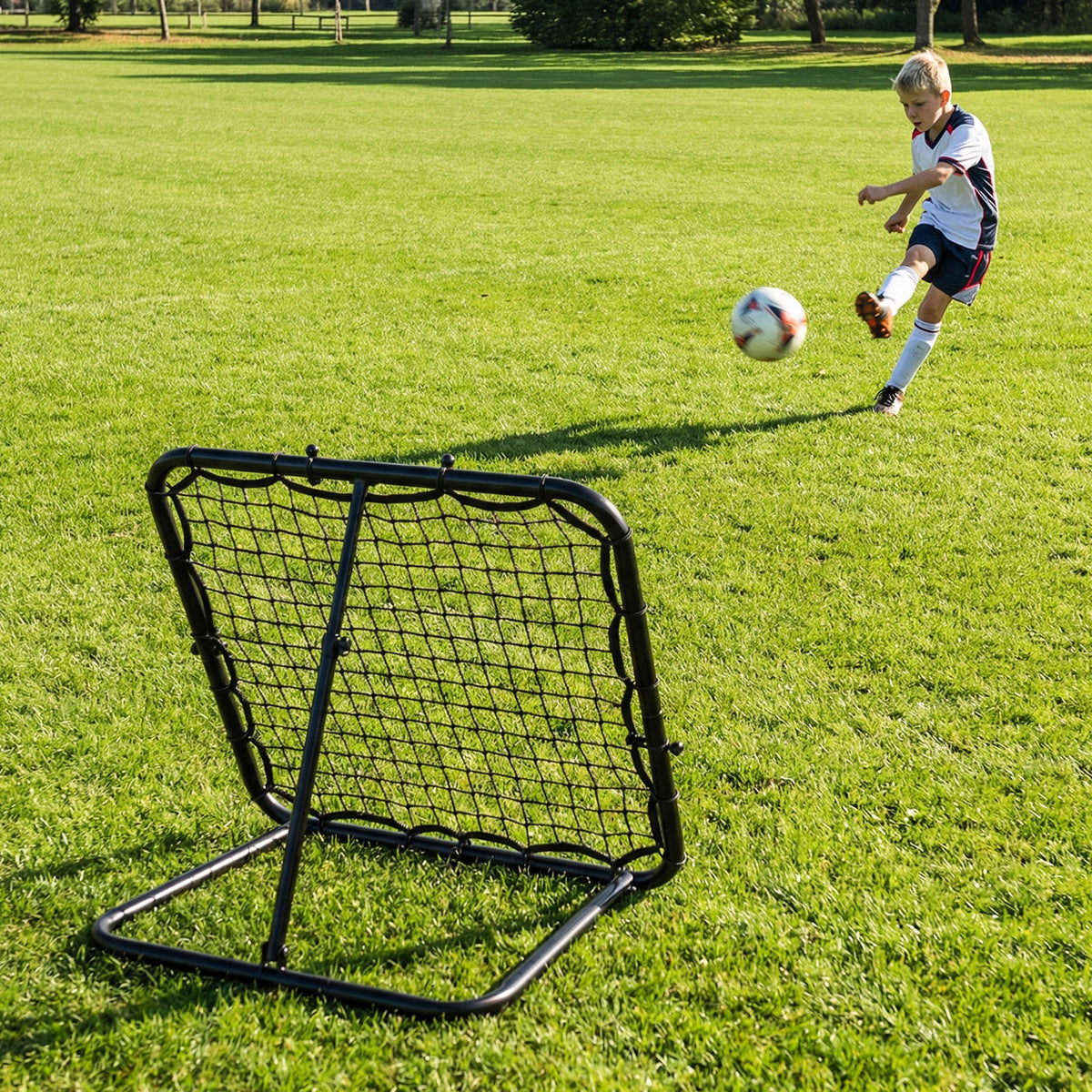 A young boy practices kicking a football against the bounce back net on a grassy field