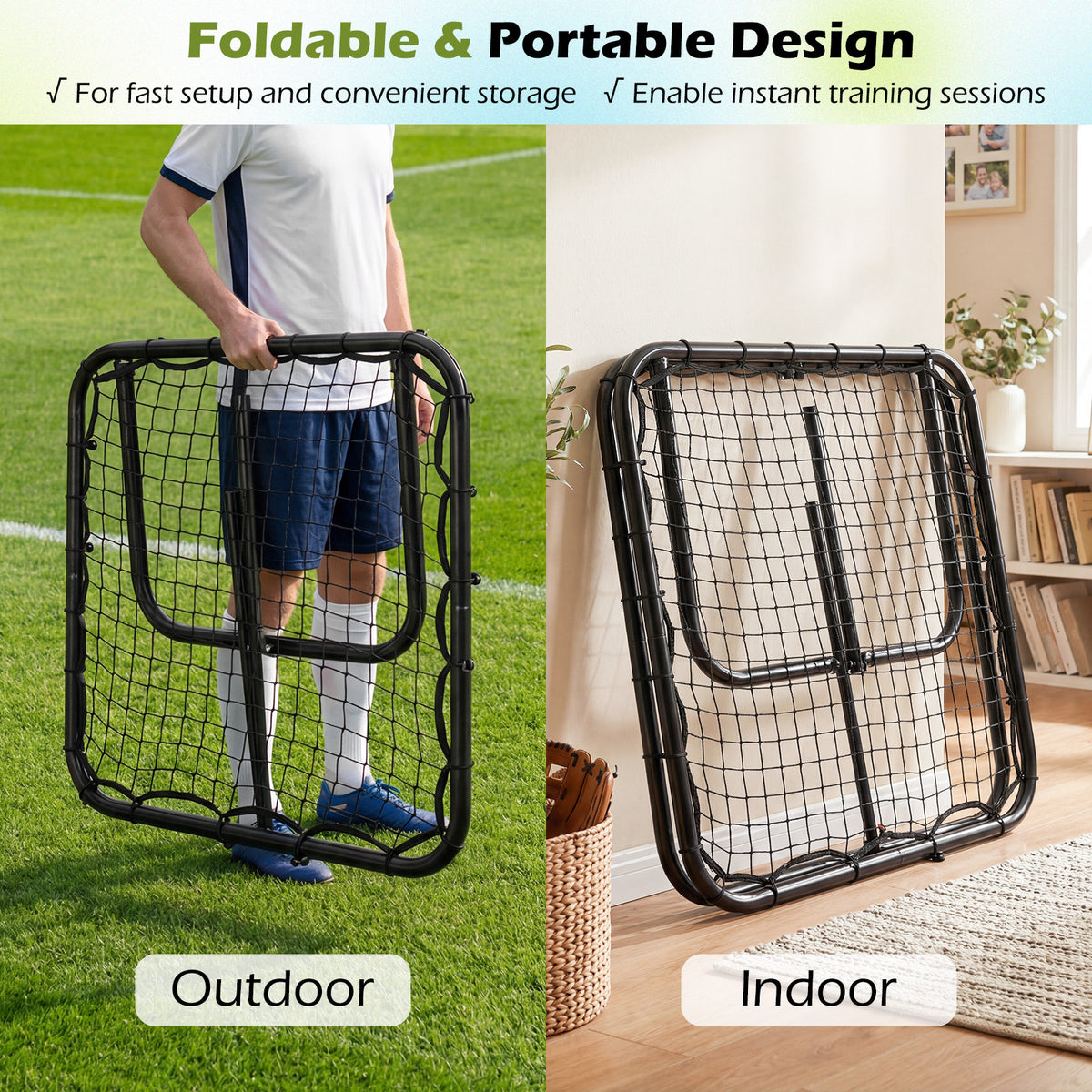 The bounce back volleyball trainer shown folded for outdoor and indoor storage