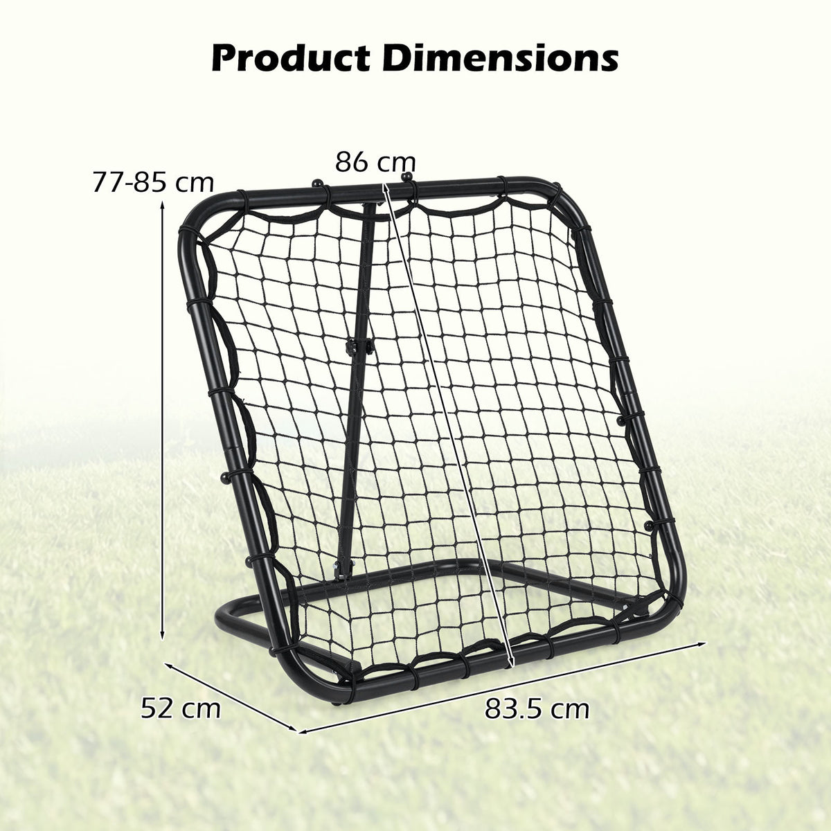Product dimensions diagram for the bounce back volleyball trainer
