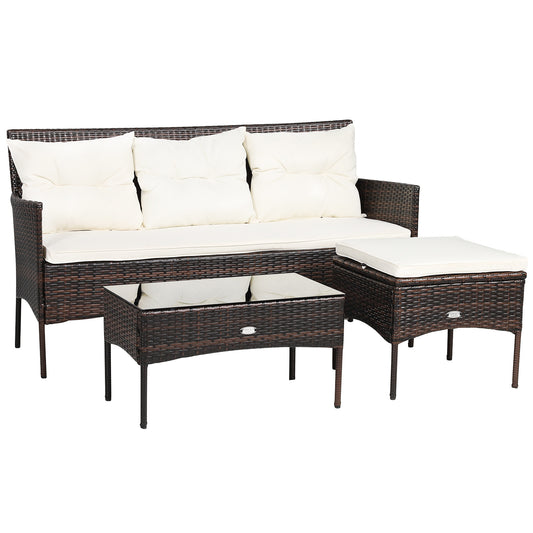 4 Seater Rattan Garden Furniture Set with Cushioned Sofa, white cushions and glass topped table
