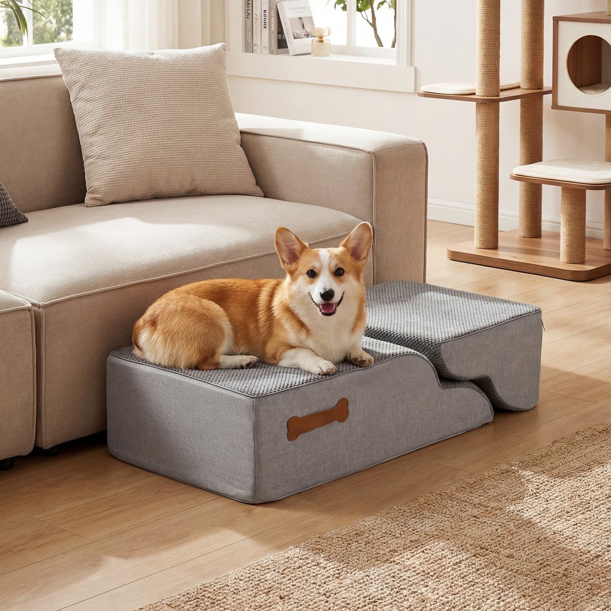 A dog rests on the dog foam stairs placed next to a sofa