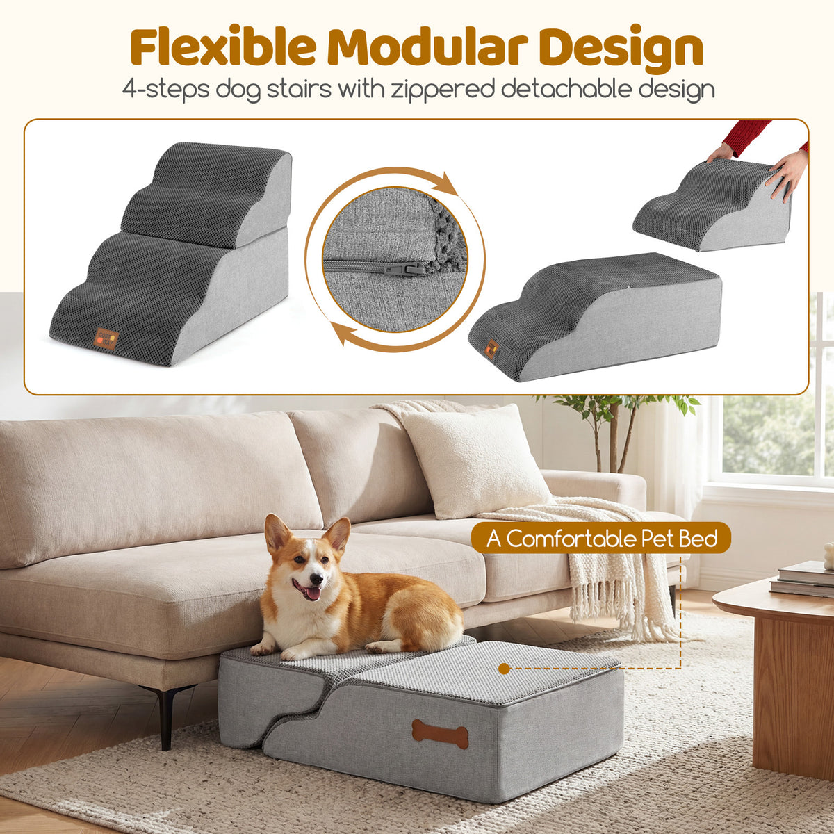 Modular design of the dog foam stairs shown with a dog on them