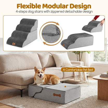 Modular design of the dog foam stairs shown with a dog on them