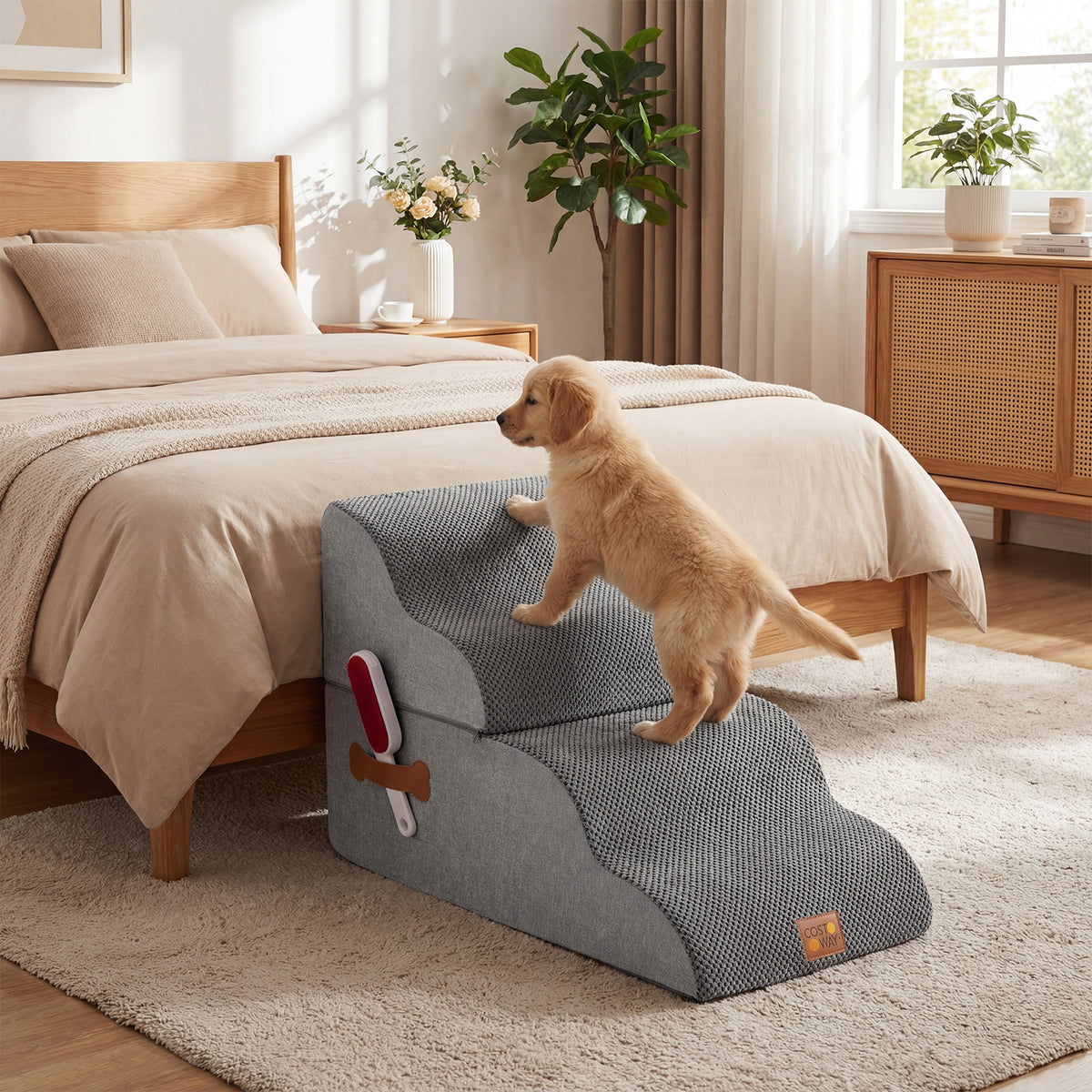 A small puppy uses the dog foam stairs to climb onto a bed