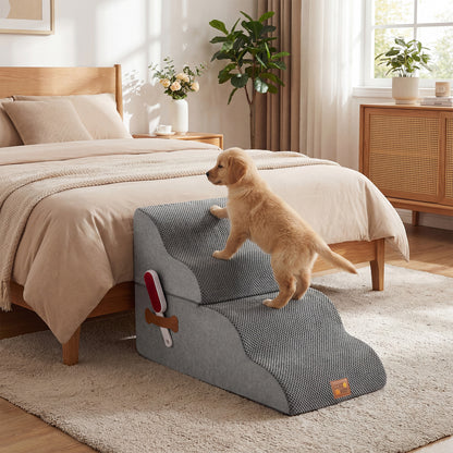 A small puppy uses the dog foam stairs to climb onto a bed