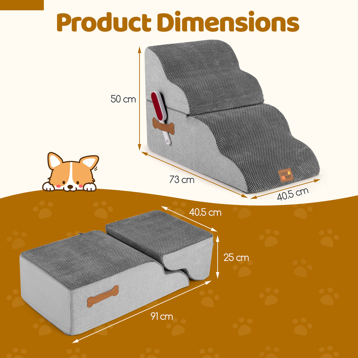 Product dimensions diagram for the dog foam stairs