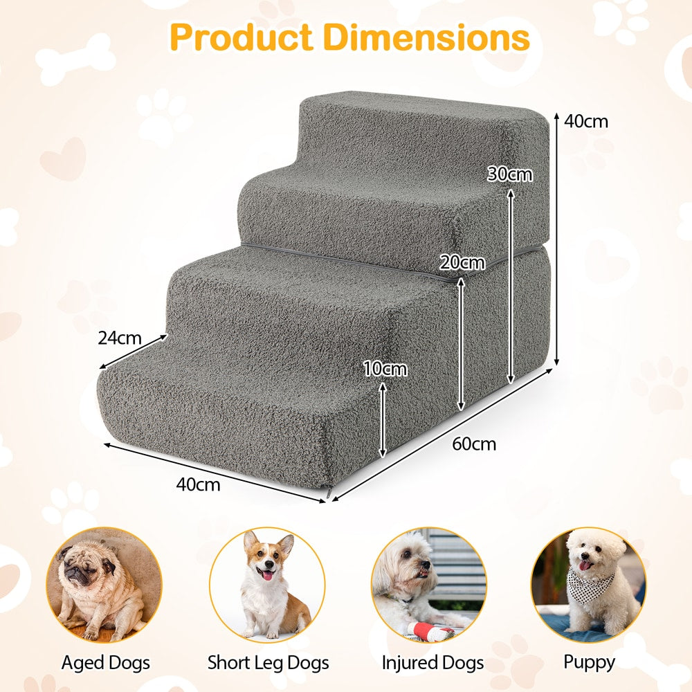 Product dimensions diagram showing the grey foam dog steps with measurements and suggested dog types