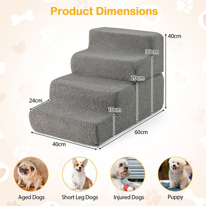Product dimensions diagram showing the grey foam dog steps with measurements and suggested dog types