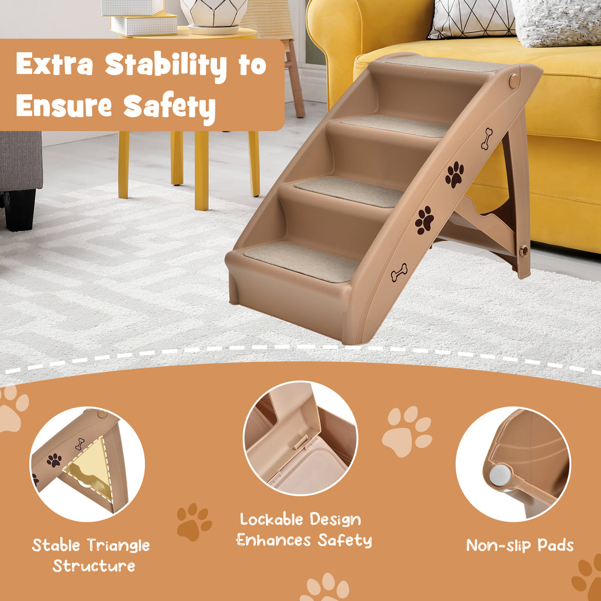 Close-ups of the four-step pet stairs highlighting its stable structure and non-slip pads