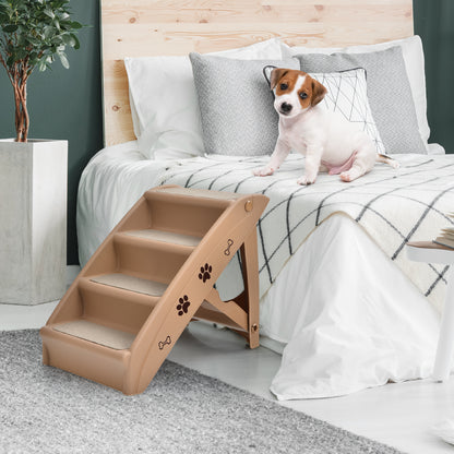 The four-step pet stairs are positioned next to a bed, with a small dog sitting on the top step