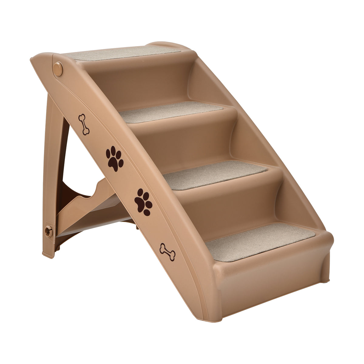 4-Step Pet Stairs with Non-slip Foot Pads, a beige pet stair unit with paw and bone motifs