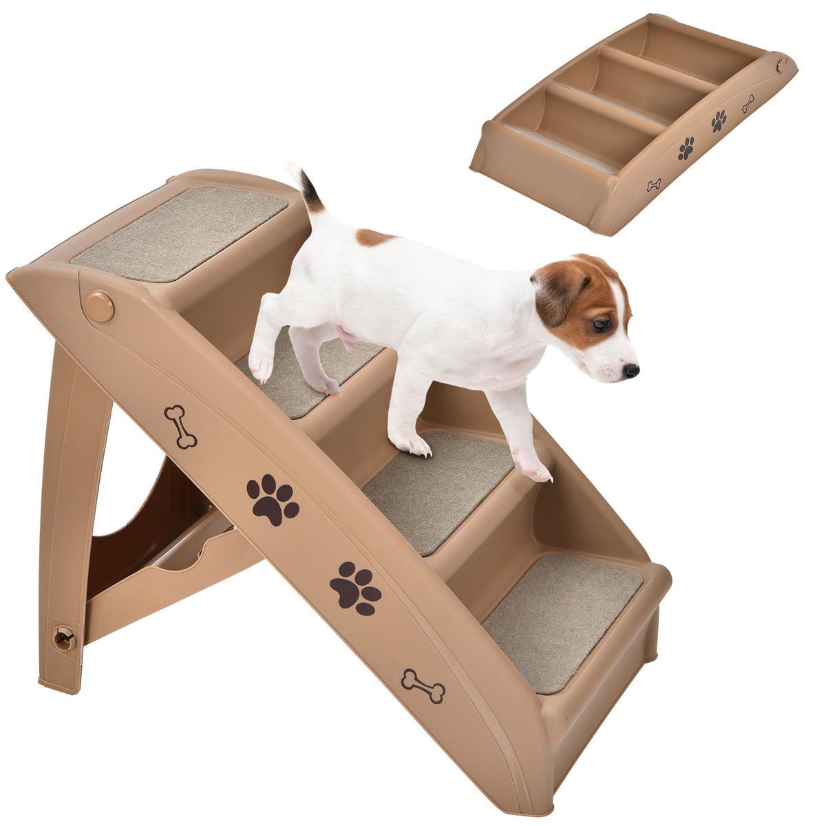 A small dog walks down the four-step pet stairs, with the stairs shown folded and unfolded