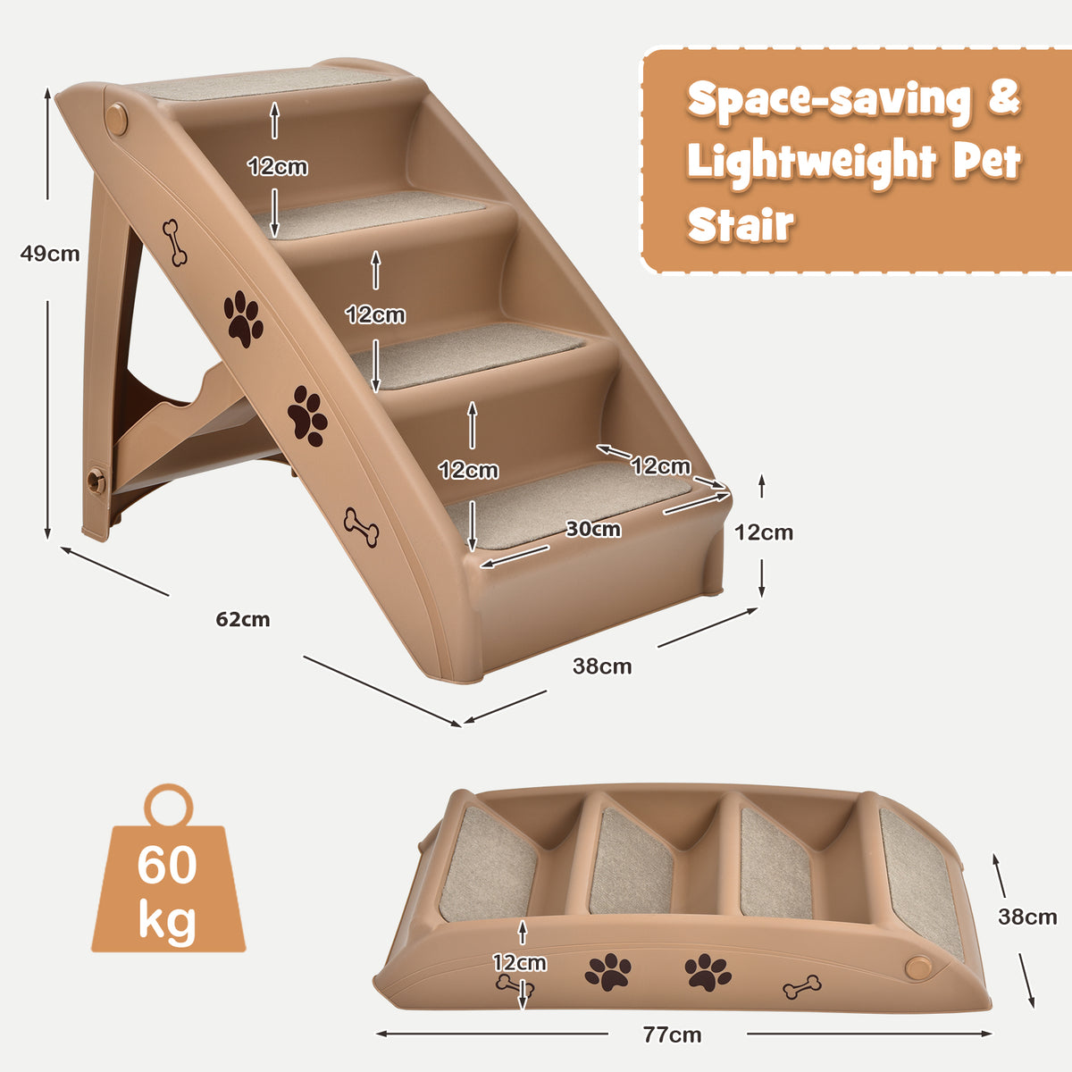 A diagram showing the dimensions of the four-step pet stairs and its weight capacity