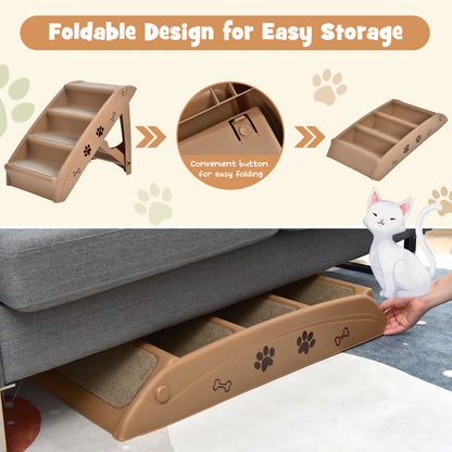 The four-step pet stairs are shown folded for storage and placed under a sofa
