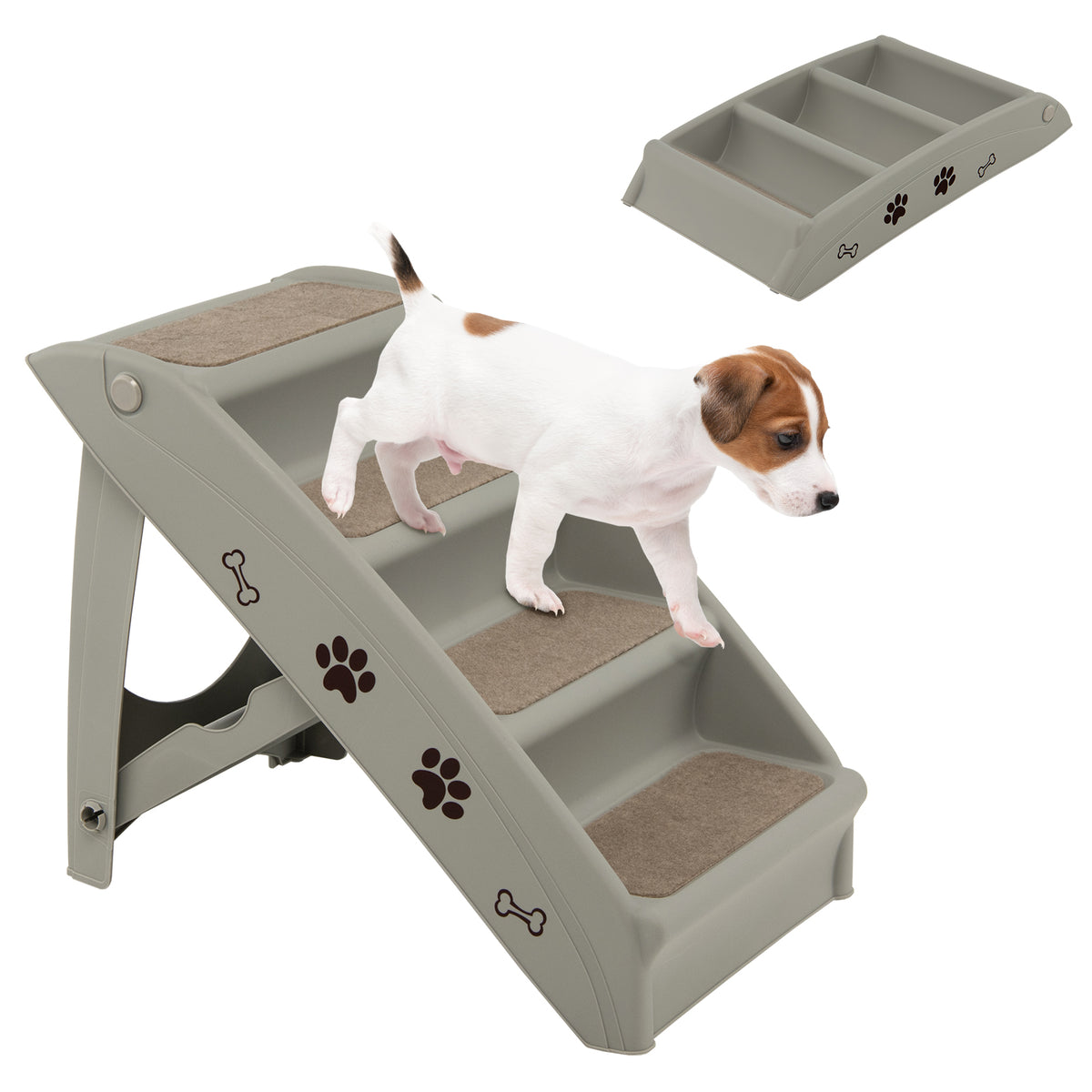 A small dog walks down the grey pet stairs, with a folded version of the product shown inset