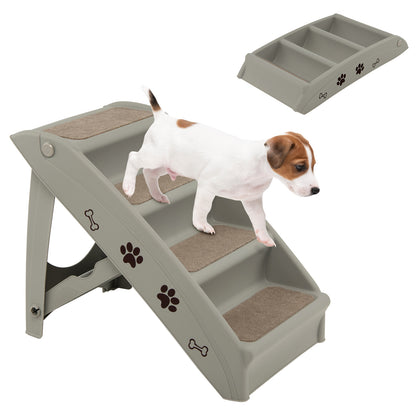 A small dog walks down the grey pet stairs, with a folded version of the product shown inset