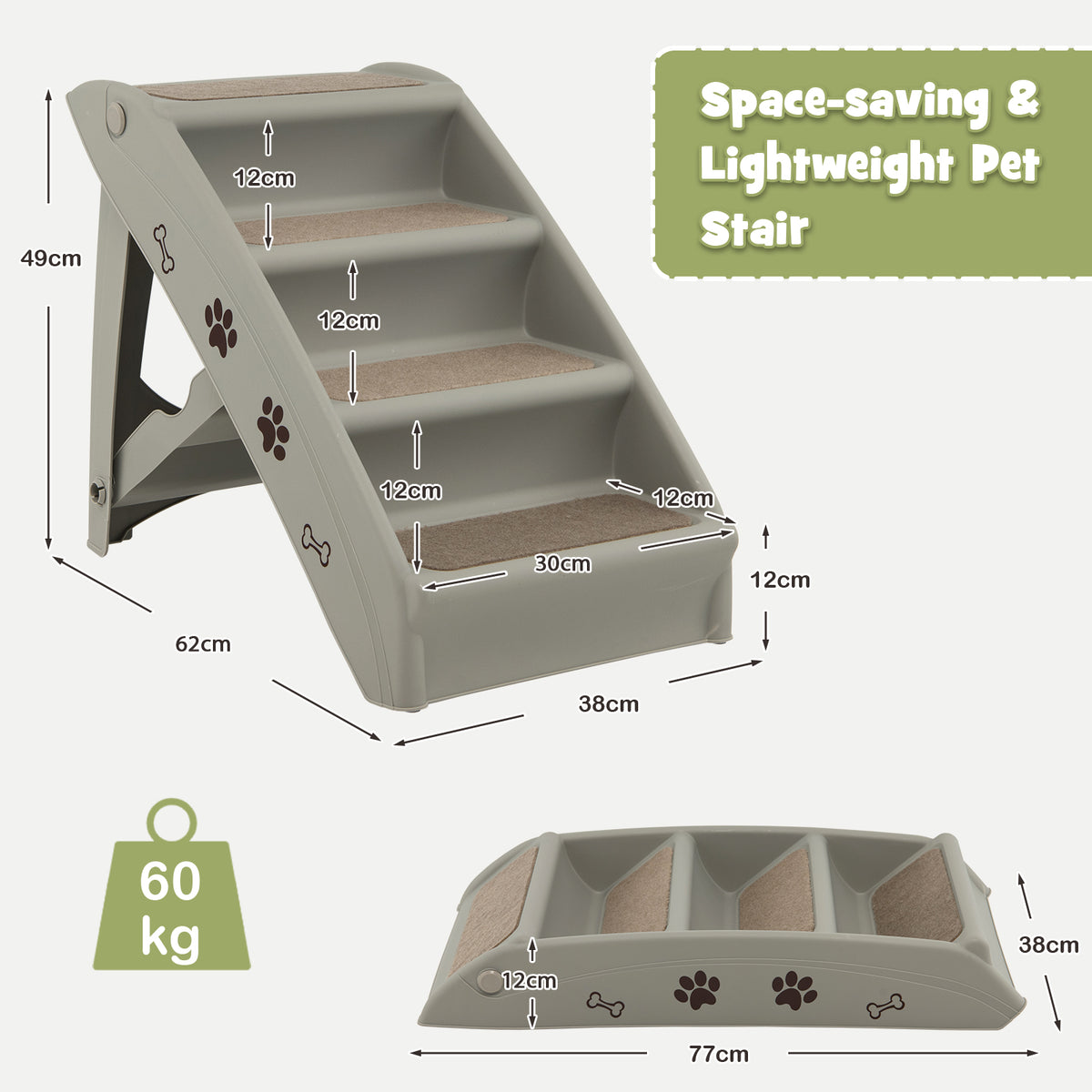 A size diagram shows the dimensions of the grey pet stairs in both open and folded states