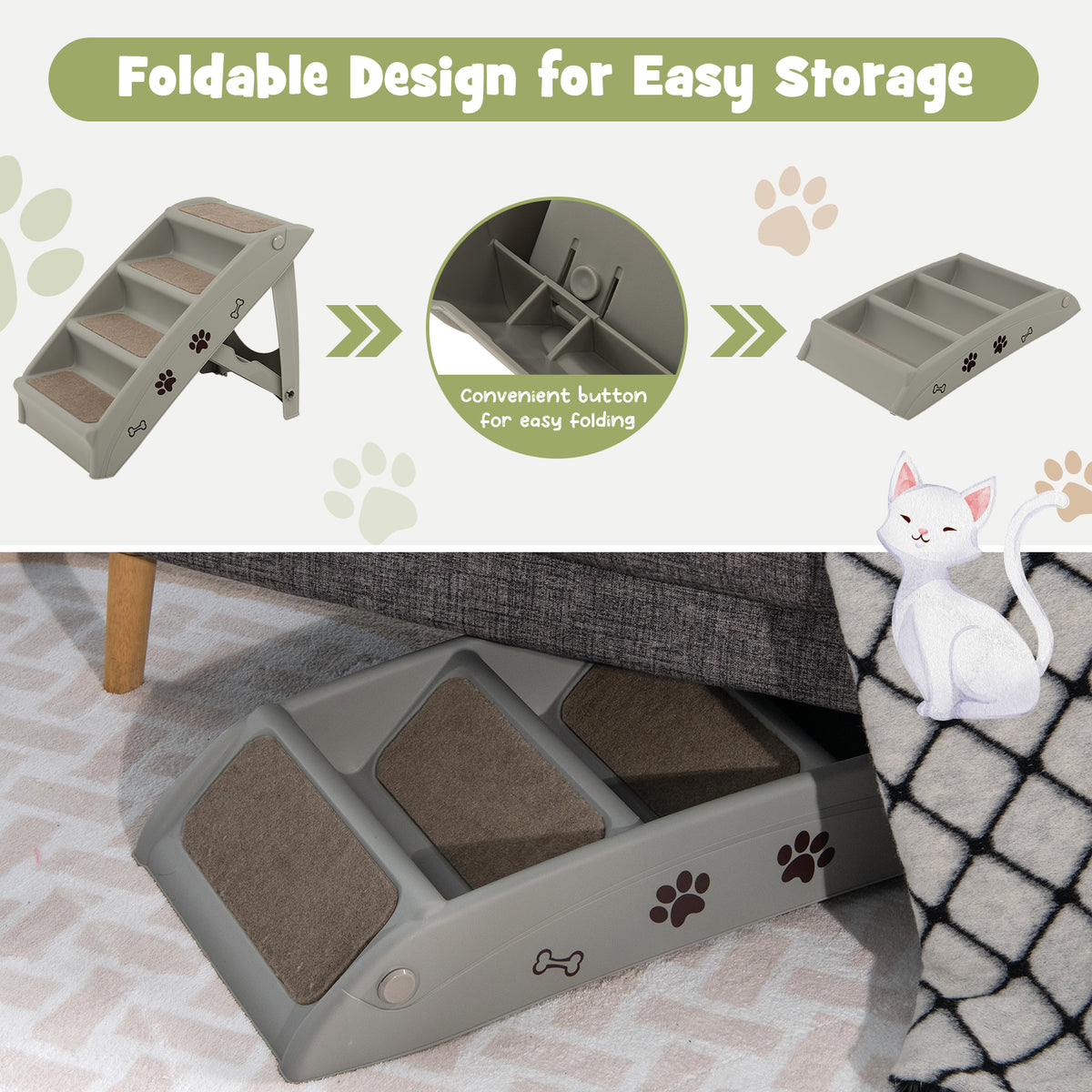 The grey pet stairs are shown folded and stored under a sofa, with a diagram showing the folding mechanism