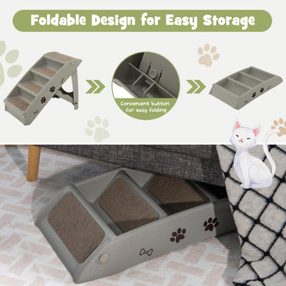 The grey pet stairs are shown folded and stored under a sofa, with a diagram showing the folding mechanism