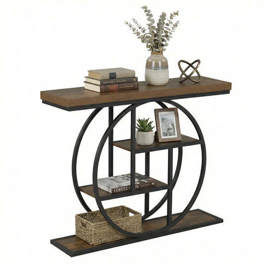4-Tier Console Table with rustic brown wood grain shelves and black metal frame