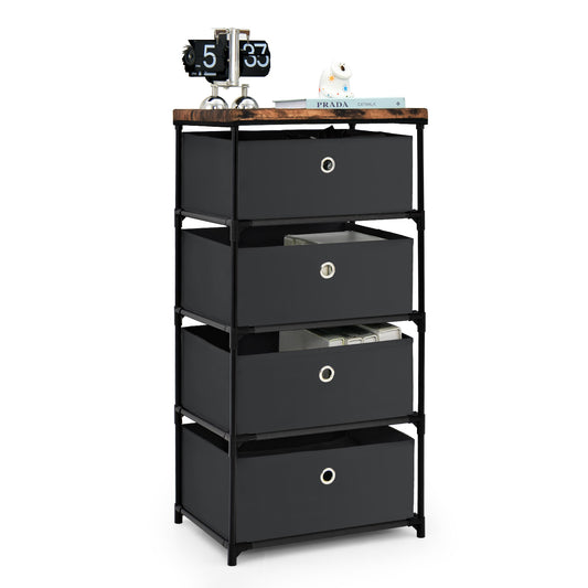 4-Tier Fabric Dresser with Drawers and Metal Frame, a black storage unit with four fabric drawers and a wood-effect top