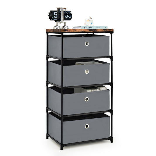 4-Tier Fabric Dresser with Drawers and Metal Frame in grey fabric with a wood effect top