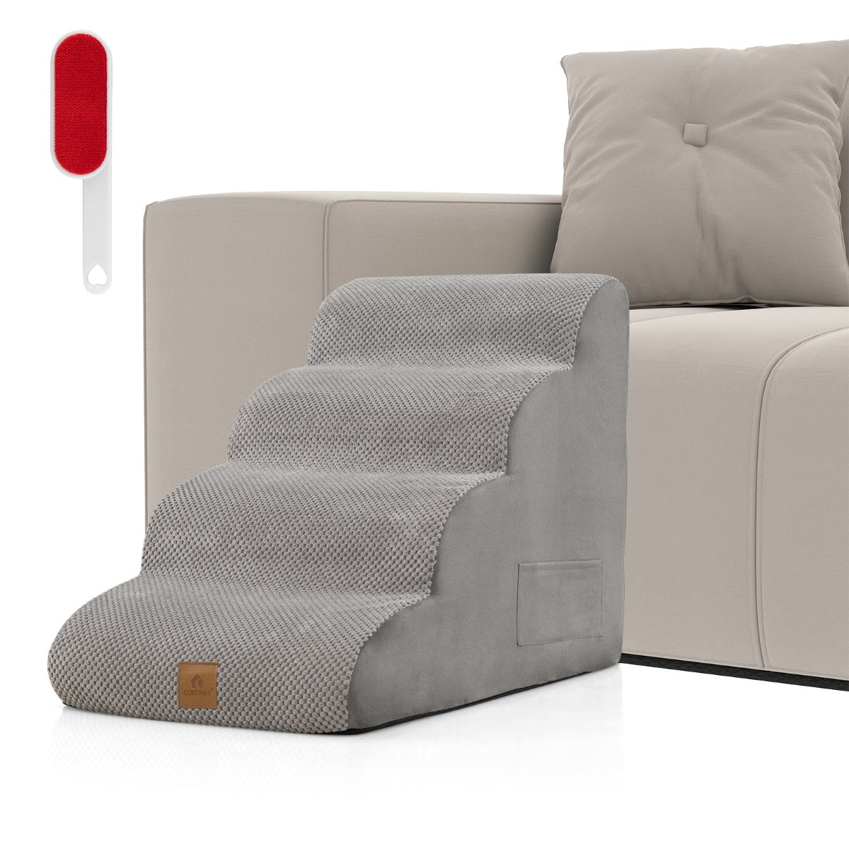 4-Tier Foam Dog Ramp, the grey dog steps against a sofa