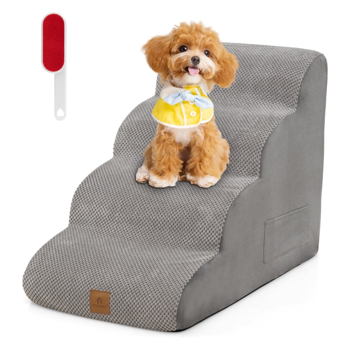 4-Tier Foam Dog Ramp with a small dog on top and a cleaning brush