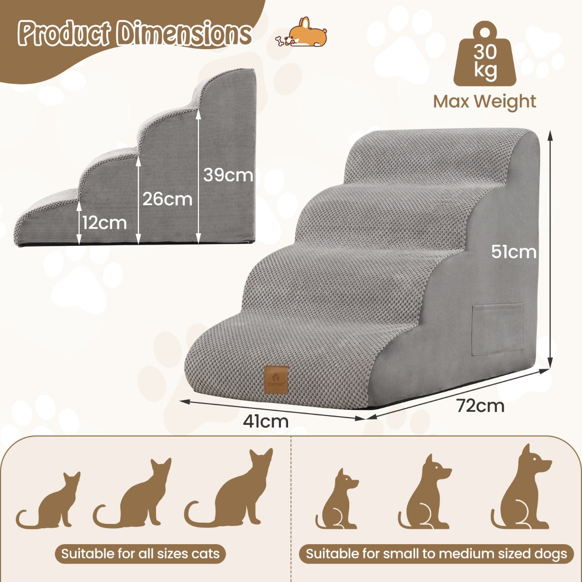 Product dimensions diagram showing the size of the dog ramp and weight capacity
